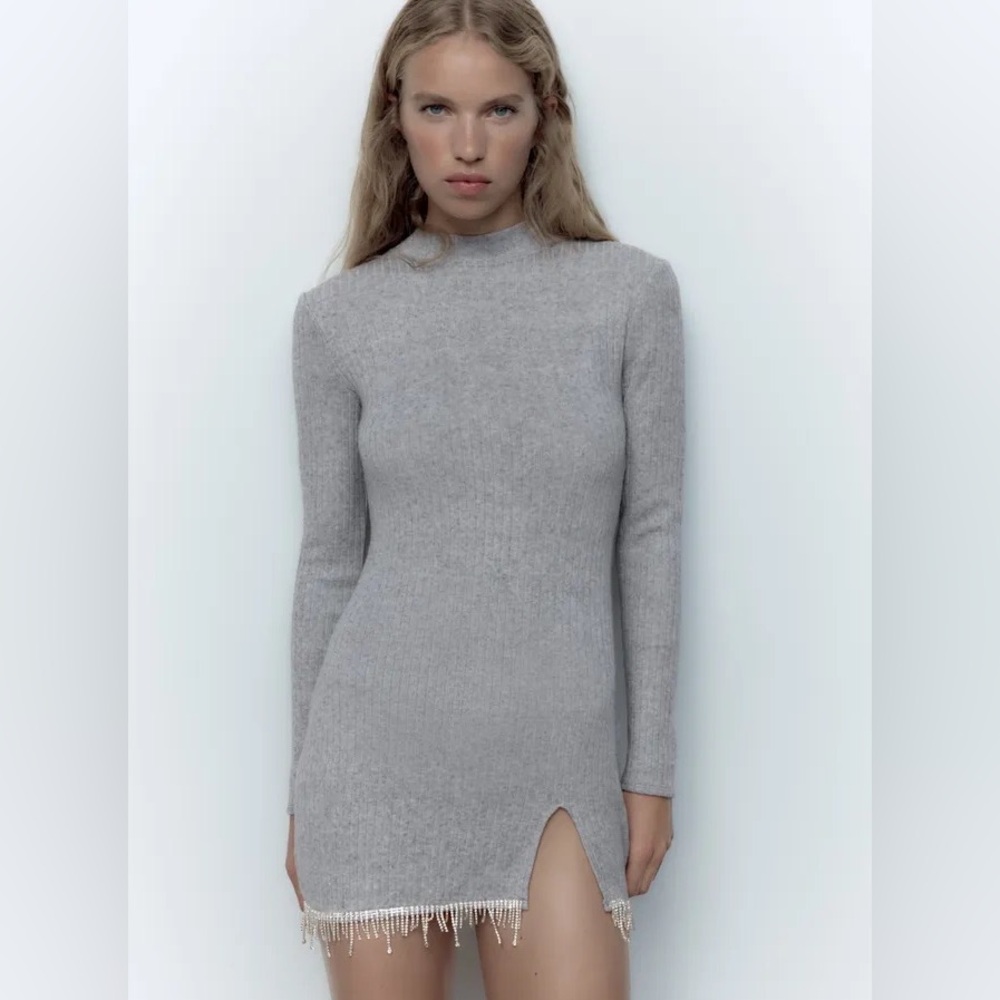 Zara NWT Long Sleeve Jewel Diamonds Turtleneck Slit Fringe Gray Mini Dress